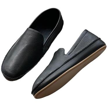 Imagem de Top Qaulity Tênis retrô francês bico redondo para avó sapatos minimalistas de couro de vaca de grão de lichia sem cadarço mocassins femininos, Preto, 37