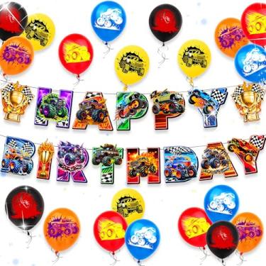 Imagem de LaVenty Banner de aniversário Monster Truck Monster Truck Happy Birthday Banner Monsters Trucks Party Supplies Monsters Trucks Banners
