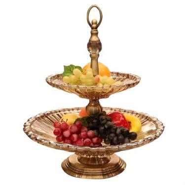 Imagem de Tigela de frutas de vidro europeia, bandeja de frutas de camada dupla, suporte de exibição de sobremesa, bandejas de armazenamento de lanches de nozes doces, enfeites de mesa de café