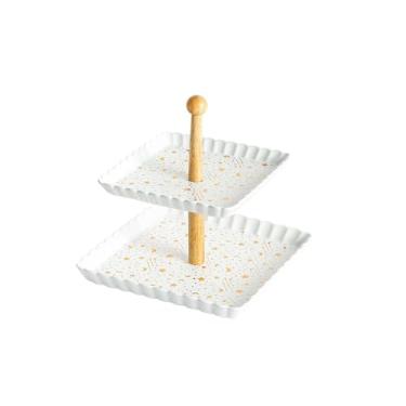 Imagem de Alça de madeira ondulada de cerâmica Xingyue fruteira criativa nórdica - camada dupla branca