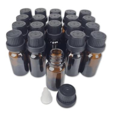 Imagem de Kit com 20 Frascos PREMIUM em Vidro Ambar 10ml com Tampa Preta com Lacre e Gotejador/Batoque Para Óleos Essenciais, Aromaterapia, Perfumes e Outros