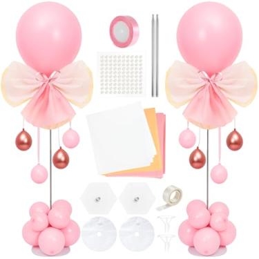 Imagem de TaoBary 2 conjuntos de kit de suporte de coluna de balão com 34 balões rosa, 2 suportes ajustáveis de torre de balões com bases, adesivos de pérolas, fitas de papel de embrulho para casamento, chá de