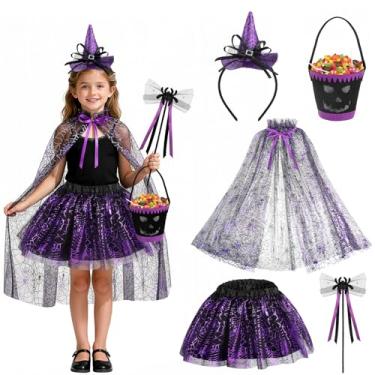 Imagem de Beipegin Fantasia de aranha para crianças, capa de teia de aranha, saia tutu, faixa de cabeça de aranha, bolsa de doces, fantasia de vampiro de Dia das Bruxas, Roxa, one szie