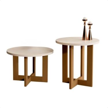 Imagem de Mesa Lateral e de Centro - Conjunto em Madeira, Estilo Retrô para Sala(Off White/Nature)