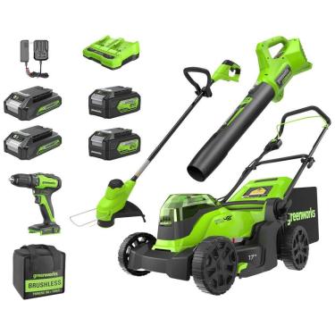 Imagem de Kit Greenworks 48V: Cortador Brushless, Aparador , Soprador 320CFM, Furadeira , 2 Baterias 4.0Ah e 2 Baterias 2.0Ah, Carregador Dual