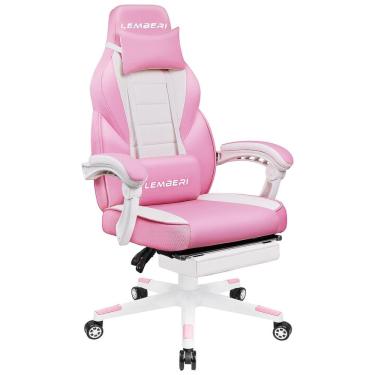 Imagem de Cadeira Gamer Ergonômica Reclinável e Giratória com Apoio Lombar e Cabeça, LEMBERI, Rosa