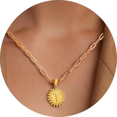 Imagem de Colar com pingente circular inicial A-Z, joia personalizada de aço inoxidável com bordas decorativas, adequado para mulheres, F, Aço inoxidável, Sem Pedra Preciosa