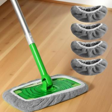 Imagem de Pacote com 4 almofadas de esfregão reutilizáveis, refis de limpeza de piso de microfibra laváveis para uso úmido e seco, panos de cabeça de esfregão para limpeza doméstica