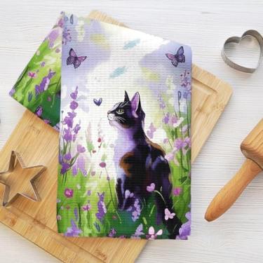 Imagem de Toalhas de cozinha para gatos florais em aquarela mágica, panos de prato para lavar pratos de cozinha, toalha de chá decorativa de microfibra macia, panos de prato toalha de mão para casa de banho