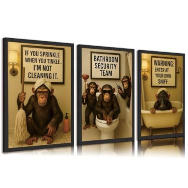 Imagem de 3 peças de arte de parede em tela de banheiro de macaco engraçado com slogan de chimpanzé humorístico impressões vintage animal banheiro decoração de parede imagens para banheiros banheiros e