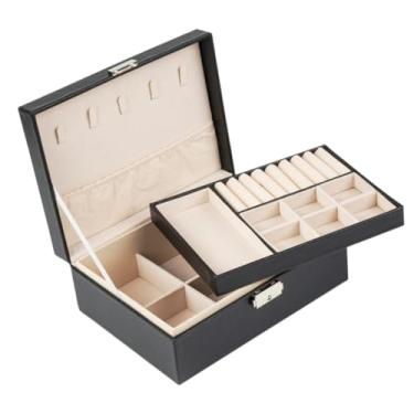 Imagem de Porta Joias Grande Duplo Caixa Colar Bijuteria Portatil Aneis Pulseira com Chave (Preto)