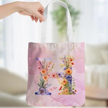 Imagem de Presentes personalizados para mulheres, monograma, presentes de aniversário para o Natal, sacola inicial de lona, sacolas de compras de praia, rosa, Pinkfloralh, Large