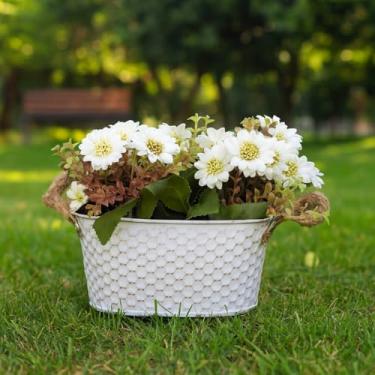 Imagem de Vaso Decorativo com Flores Artificiais, Alumínio Texturizado Branco com 2 Buquês de Margaridas brancas, 10x9x10 cm