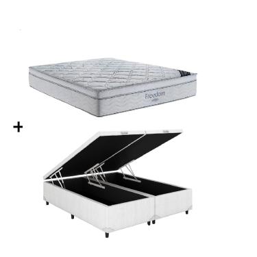 Imagem de Cama Box Baú Queen Bipartido Branco Colchão Freedom Molas Ensacadas 158x198 - Ortobom