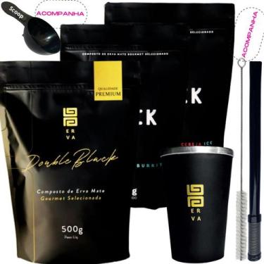 Imagem de Kit 3 Pacotes Black Erva Mate Tereré + Copo de Alumínio Térmico + Bomb
