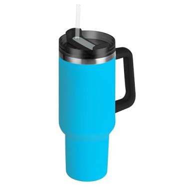 Imagem de SEHANY Copo azul brilhante de 850 g com tampa e canudo, aço inoxidável de vácuo duplo isolado garrafa de água esportiva suporte para copo de café de viagem à prova de vazamento para bebida gelada