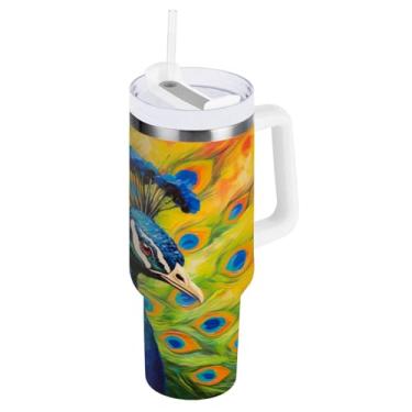 Imagem de Blueangle Copo isolado de 1,134 g com alça e tampa de canudo - Caneca de viagem de aço inoxidável à prova de vazamento, garrafa de água de pintura a óleo de pavão a vácuo de parede dupla (554)