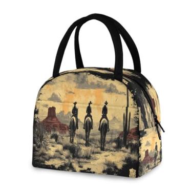 Imagem de Blueangle Lancheira isolada à prova de vazamento - Bolsa de almoço reutilizável com design de caubói do oeste americano, recipiente compacto para alimentos para escritório, viagens e atividades ao ar