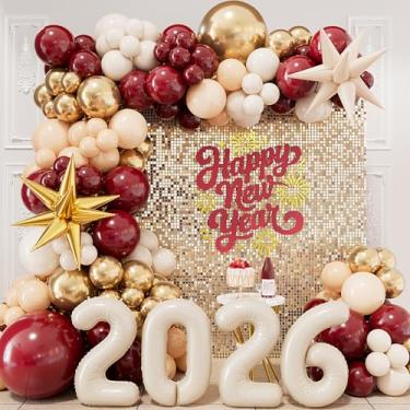 Imagem de DBKL Kit de arco de guirlanda de balão de feliz ano novo, balões de ano novo 2026 com balões borgonha dourado areia branco látex pastel laranja para decorações de festa de formatura de véspera de
