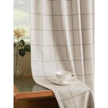 Imagem de THREE GIRLS Cortinas blecaute plissadas xadrez: Cortinas de janela impressas de linho com estampa de guingão para sala de estar, quarto - 227 cm de comprimento, marrom, isolamento térmico, cortina