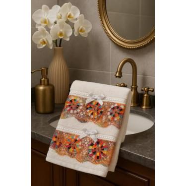 Imagem de Kit 2 Toalhas de Lavabo com Renda Bilro Artesanal, Bordado Manual, 88x36cm e 52x32cm, Feito no Ceará