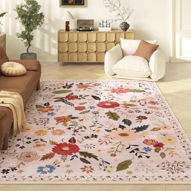 Imagem de Tapete lavável para sala de estar, tapete floral rosa, tapete de flores macias, tapetes grandes para quarto, sala de jantar, escritório, sala de jogos infantis, berçário, rosa/bege