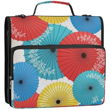 Imagem de Organizador de fichário com zíper, guarda-chuvas de papel colorido, fichário de 3 anéis, bolsa de fichário escolar com alça de ombro, pasta de armazenamento com alça, 34,5 x 31,5 x 9 cm