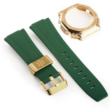 Imagem de JDIME Capa de relógio de aço inoxidável esculpida com pulseira de borracha de terceira geração para GA2100 retrofit e upgrade DIY (ouro verde)