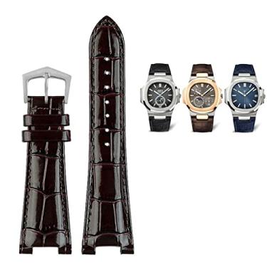 Imagem de GANYUU Pulseira de relógio de couro genuíno notch de 25 x 13 mm + conector para Patek Philippe Nautilus 5711 5726 5712g pulseira de relógio (prata marrom)
