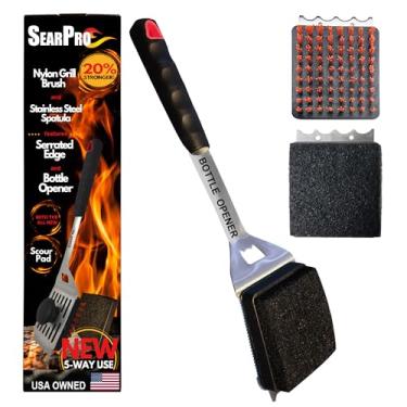 Imagem de Combo de escova de grelha 5 em 1 da SearPro Kit de acessórios de ferramentas de churrasco, espátula de cerdas de nylon resistente ao calor, defumador ao ar livre, grelha de pedra preta, espátula de