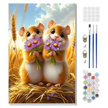 Imagem de DOMROM Pintura emoldurada por números hamster para crianças iniciantes, kits de pintura por números de animais em tela, kits de artesanato de hamster fofo para presente de decoração de casa 20 x 30 cm