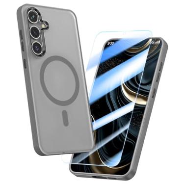 Imagem de MILPROX Capa magnética para Samsung Galaxy S25, 【Protetor de tela grátis】【Compatível com MagSafe】 Botão de metal e moldura de lente translúcida fosca traseira, capa protetora (cinza titânio)