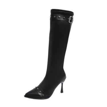 Imagem de Botas de cano alto femininas casuais versáteis bico fino fivela de metal plus size outono inverno moda salto alto botas de cano alto, Preto, 34