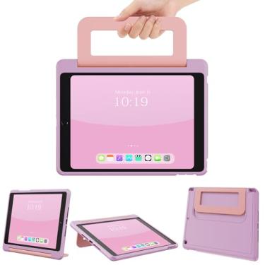 Imagem de INFILAND Capa infantil para iPad 9ª/8ª/7ª geração 2021/2020/2019 de 10,2 polegadas, capa protetora durável e macia à prova de choque com suporte/alça para iPad 7/8/9 geração (roxo + rosa)