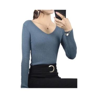 Imagem de Blusa Feminina De Tricô Canelado Com Decote V E Listras, Manga Longa, 