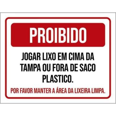 Imagem de Kit 10 Placa Jogar Lixo Tampa Fora Saco Plástico 27X35 - Sinalizo