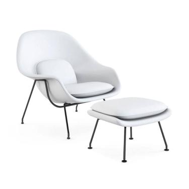 Imagem de Poltrona Womb Chair Com Puff Base Preta Sintético Branco