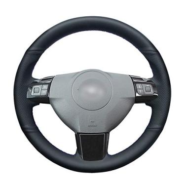 Imagem de MVMTVT Capa de volante de carro para Opel Astra (H) 2004-2009 Zaflra (B) Signum 2005 Vectra (C), couro PU preto costurado à mão capa de volante para carro - fio azul