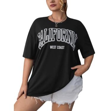 Imagem de WDIRARA Camisetas femininas plus size com ombro caído e estampa de letras, gola redonda, meia manga, casual, camisetas longas, Preto, XXG Plus Size