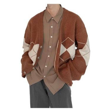 Imagem de Cardigã masculino gola V grosso tricotado suéter solto xadrez casual botão jaqueta, Café, G