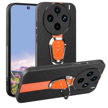 Imagem de Kainevy Capa protetora para Vivo X100 Pro de couro durável à prova de choque para celular Vivo X100 Pro preta fina com suporte de anel de metal magnético estética luxuosa elegante (laranja)