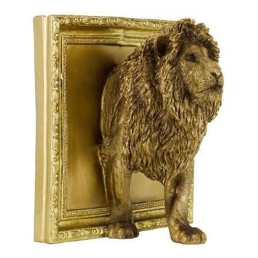 Imagem de Enfeite Leão Realista Saindo Da Moldura Dourado - 22cm - Tasco, Estátu