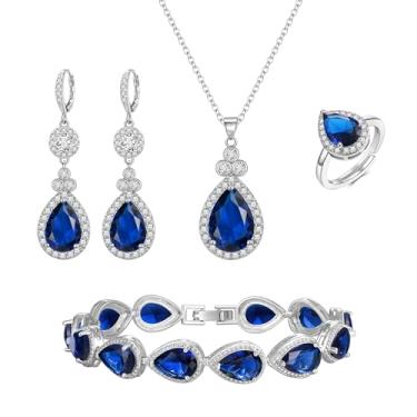 Imagem de Crysdue Colar com pingente de zircônia cúbica de lágrima de casamento com pingente de anel aberto, brincos deslizantes ajustáveis, conjunto de joias para noivas, aniversário, dia das mães, presente de