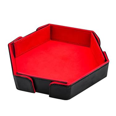 Imagem de SIQUK Bandeja magnética dobrável para dados, hexagonal, bandeja de dados de couro PU, suporte dobrável para dados, caixa de armazenamento para jogos de dados RPG D&D, vermelho