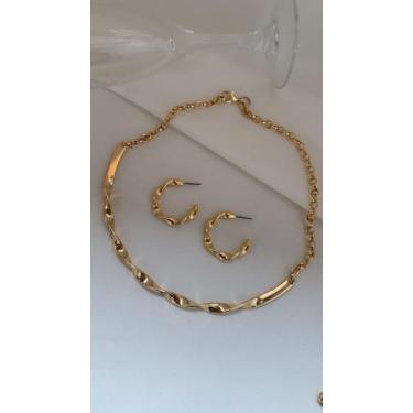 Imagem de Kit feminino colar choker gargantilha e brinco trançado banhado a ouro