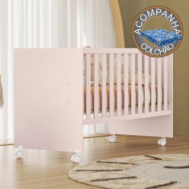 Imagem de Berço Reto Doce Sonho com Rodizios Rosa Qmovi + Colchão Ortobom