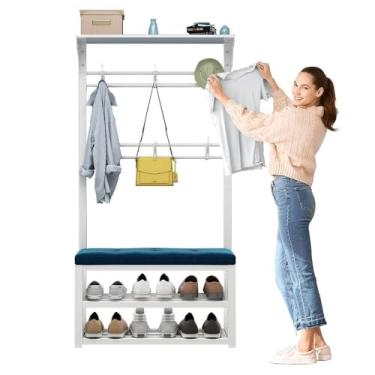 Imagem de Árvore de salão 4 em 1 livre com banco e topo, suporte industrial para casacos com banco de sapatos e 8 ganchos vazados esculpidos, suporte de roupas para corredor sala de estar 60/80/100 x 30 x 172