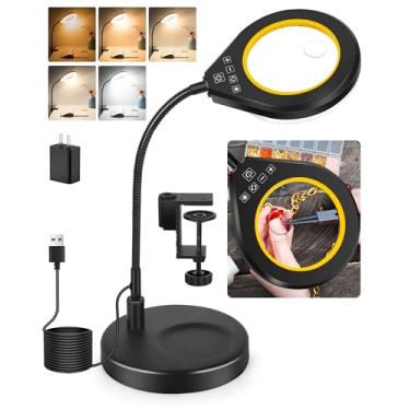 Imagem de NAKOOS Magnifying Glass with Light and Stand, 2-in-1 Desk Magnifying Glass with Light, 5 Color Mode Stepless Dimmable Hands-Free Magnifying Glasses for Close Work Crafts Sewing Painting (Yellow)