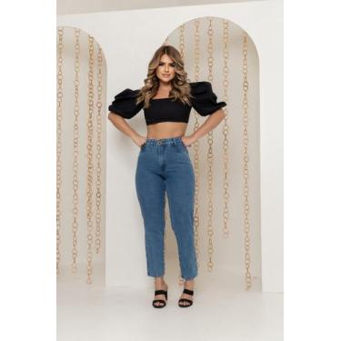 Imagem de Calça Mom Jeans Feminina Cintura Alta Sem Lycra Cós alto Azul Marmoriz