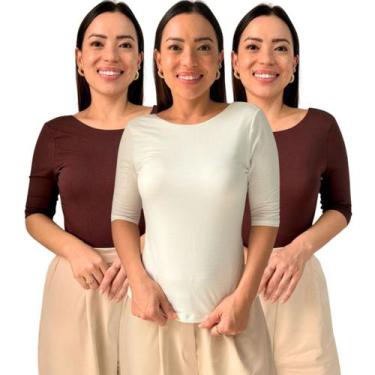 Imagem de Kit 3 Blusas Feminina Manga 3/4 com Abertura nas Costas - Maranne, Kit